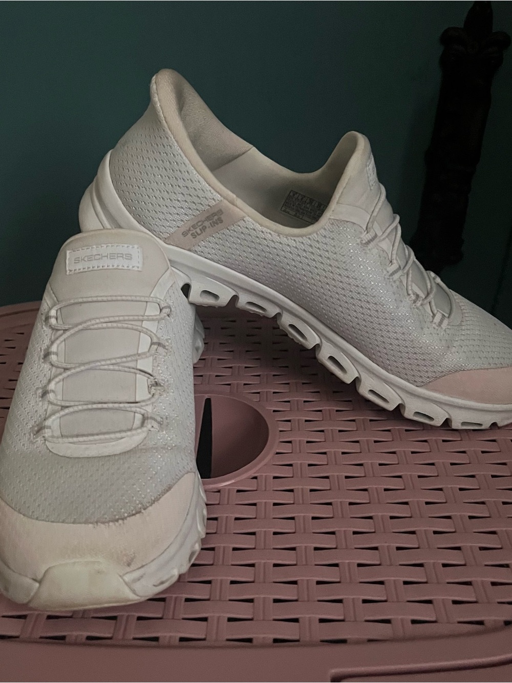 Skechers Women's Slip-On Knit Sneakers in White & Light Pink